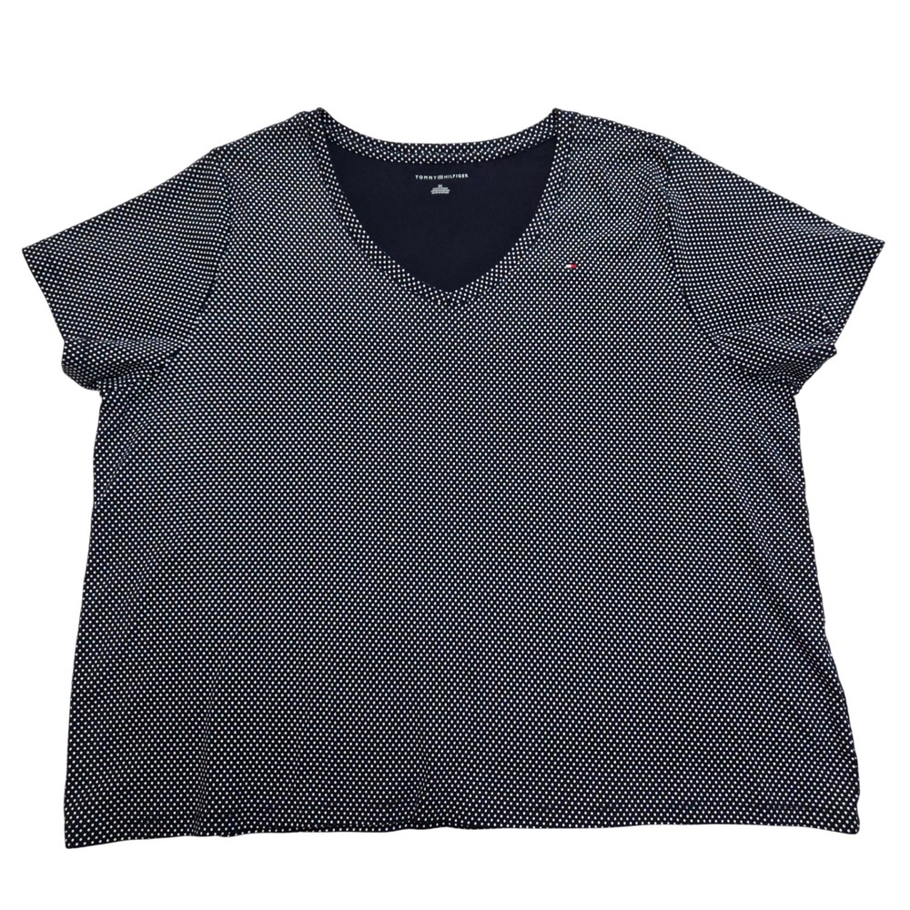 Tommy Hilfiger Womens 3X Navy Blue White Polka Dot V-Neck Cotton T-Shirt Logo